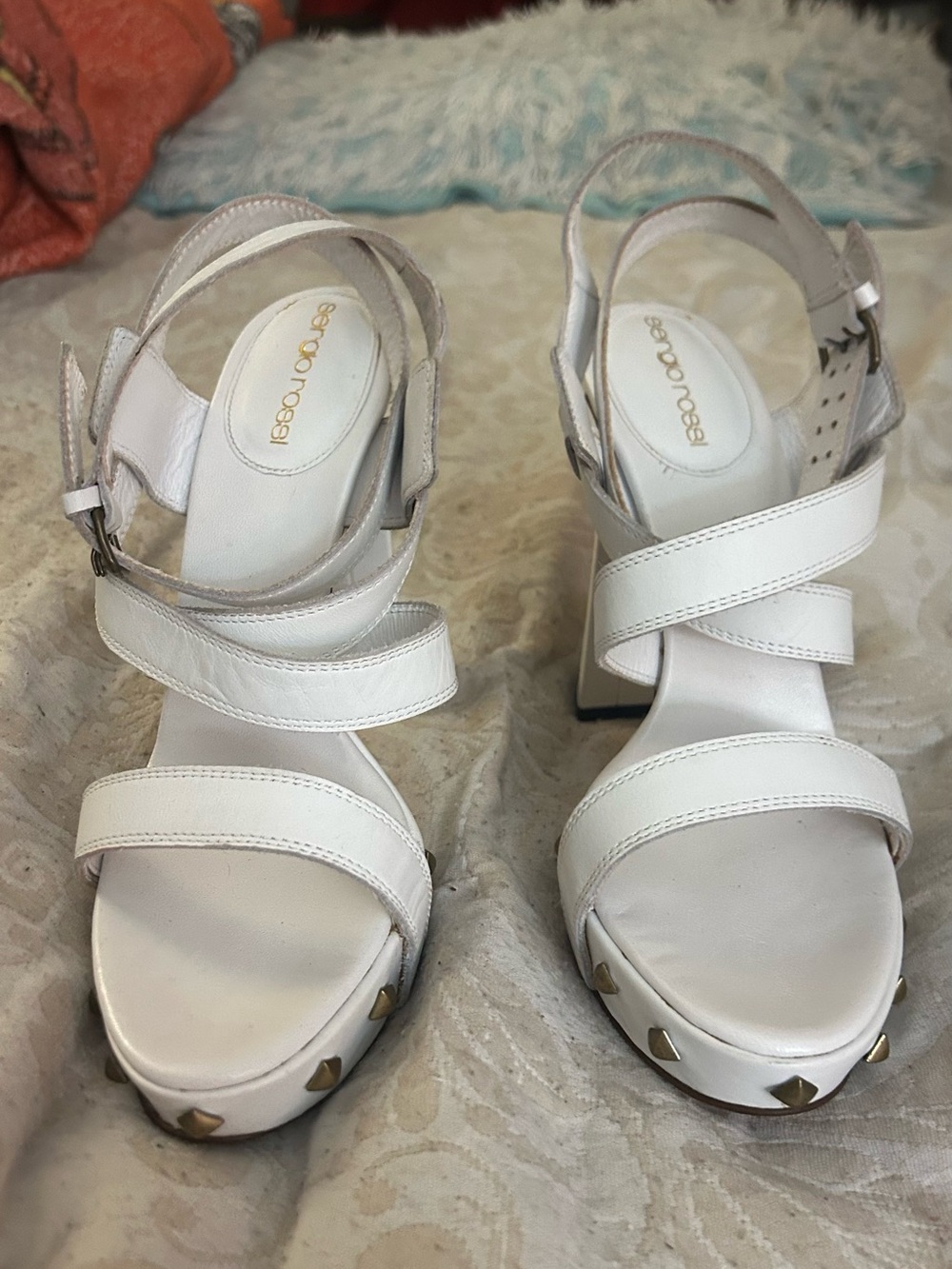 Sergio Rossi White Leather Stud-Trim Platform Sandals with authentication certif